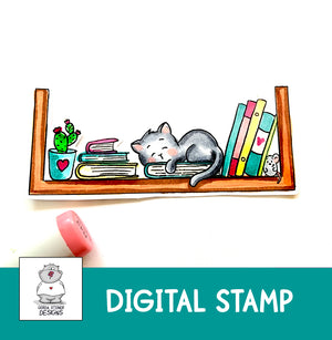Cat in Bookshelf - Digital Stamp