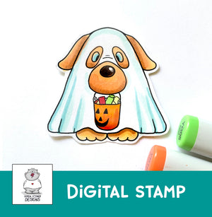 Dog Dressed as Ghost- Digital Stamp