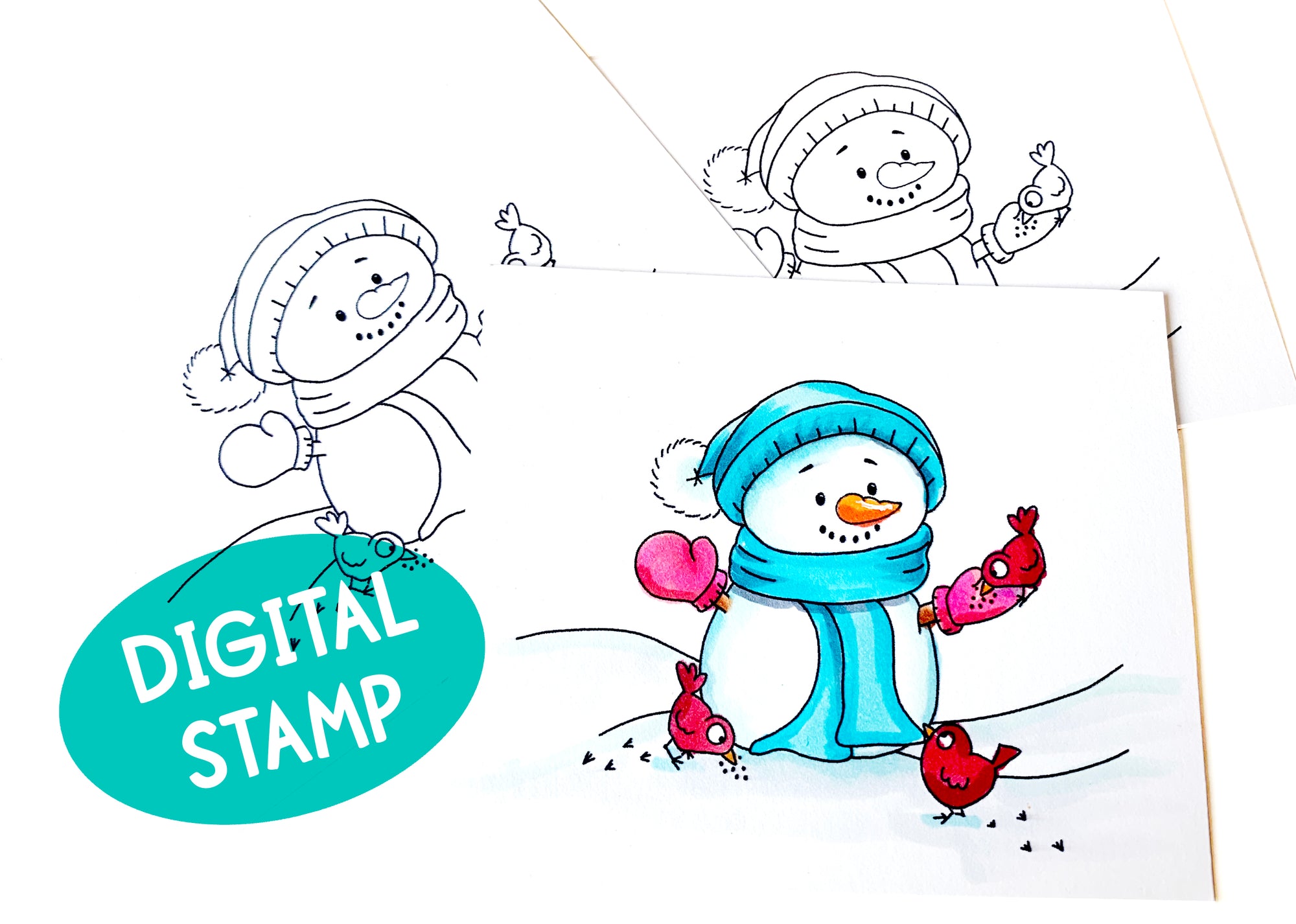 Snowman and Birds Digital Stamp - Clearstamps - Clear Stamps - Cardmaking- Ideas- papercrafting- handmade - cards-  Papercrafts - Gerda Steiner Designs